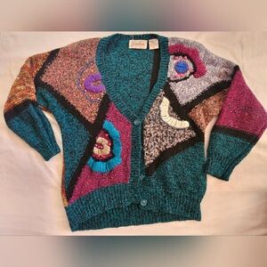 Jaclyn Smith Womens Teal Multicolored Long Sleeve Cardigan Sweater Size Small